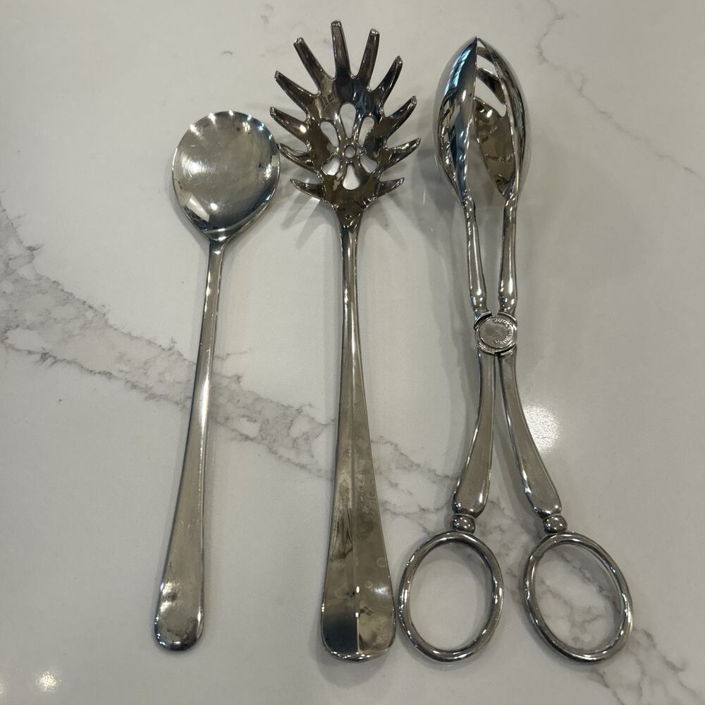 International Silver Silver Plated Set of 3 Serving Spoons Salad Tongs - Picture 14 of 16